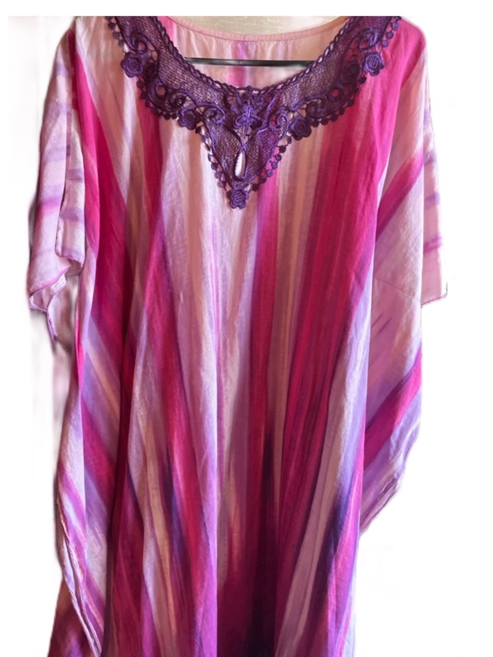 Pink and Purple Striped Boho Maxi Caftan Dress. 100 percent Cotton Yoke Poly